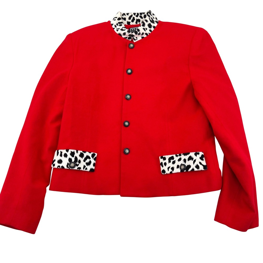 Vinci‎ Clothiers Red Wool Blazer Leopard Trim Collar Pockets Women Size 4